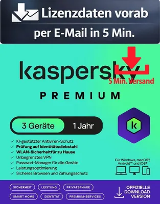 Produktbild von Kaspersky Premium (3 Device - 1 Jahr) DACH ESD Antivirus Sicherheit 5 Min. Versand als Download per Mail