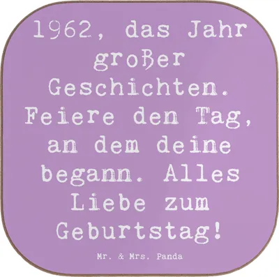 Produktbild von Mr. & Mrs. Panda Tassen Untersetzer Spruch 1962 Geburtstag - Lavendeltraum - Geschenk, Glas, Coaster, für Gläser, Glückwunsch, Happy Birthday, gläseruntersetzer, bar