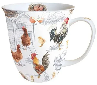 Kaffeetasse 0,4 l mit Hühnerfarm-Motiv, Fine Bone China