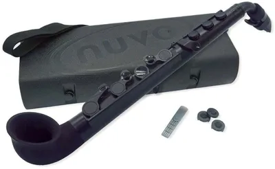 A black hybrid wind instrument and its case are displayed on a white background.