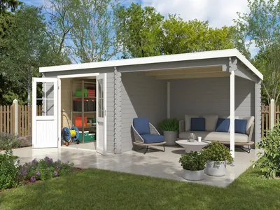 Produktbild von Lasita Gartenhaus Orlando Hellgrau 280x280 cm Blockbohlenhaus mit Anbaudach, 28 mm Wandstärke Fichte Pultdach, Gartenhaus mit Rückwand und Doppeltür, 16,1 m² Grundfläche