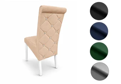 Zdjęcie produktu dla Krzesło do jadalni K6 – beżowe eleganckie krzesła z aksamitu, pikowane kryształkami, drewniane nogi w kolorze białym