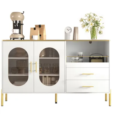 Produktbild von Sideboard-Schrank mit 2 Schubladen & 2 Glastüren, Moderne Kommode mit Viel Stauraum Für Wohnzimmer, Esszimmer