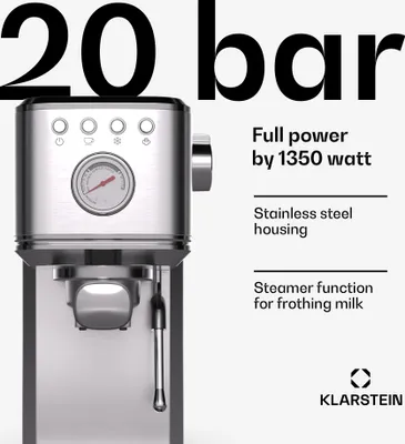 Zdjęcie produktu dla Ekspres do kawy Klarstein SteelPresso Slim z portafiltrem - 20 bar, 1350 W, stal nierdzewna, zbiornik na wodę 1,2 l, dysza pary, kompaktowy, łatwy w obsłudze, ekspres do kawy, portafiltr