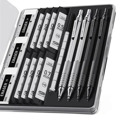Obrázok produktu pre Sada kovových mechanických ceruziek s puzdrom - 0,5 mm a 0,7 mm, vrátane 480 HB ceruziek a 12 gumičiek