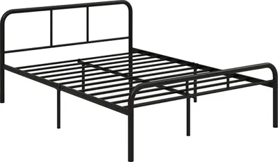 A black metal bed frame is shown against a white background.
