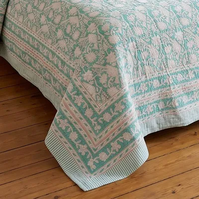 Produktbild von Blockdruck Tagesdecke, Bett & Sofaüberwurf, Handgearbeiteter Wandbehang, Wandtuch - Design 15, Grün, Baumwolle, Größe: Double 225*275 cm