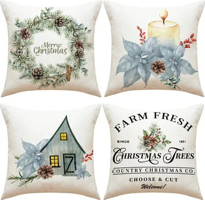 Produktbild von Weihnachts-Kissenbezug 45 x 45 cm, 4er-Set, Weihnachts-Deko-Kissenbezug, Deko-Kissenbezug, rustikales Sofa, Leinen-Kissenbezug, Sofa, Sofa-Sessel, Wohnzimmer-Kissenbezug