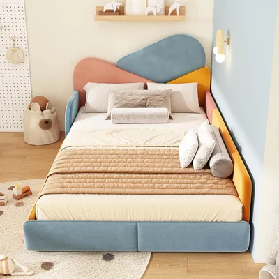 Image de Lit pour enfant Merax, modèle matelassé, 140x200 cm, avec une tête de lit colorée, lit simple en velours avec barrières de sécurité, tête de lit rembourrée et protections anti-chute, coloré