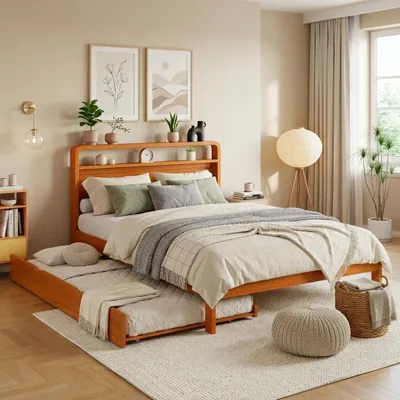 Productafbeelding van Merax houten kinderbed 140x200 cm met uitschuifbed 90x190 cm, gastbed met afgerond hoofdeinde, links/rechts monteerbaar, multifunctioneel bed, naturel