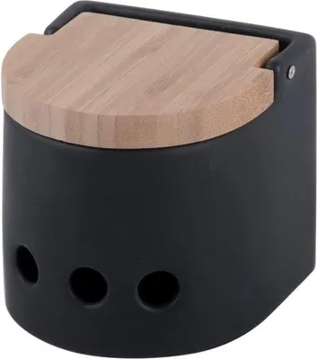 Imagen del producto de Recipiente de cerámica para ajo de la marca Unyqoos®, con tapa de bambú, con ventilación para una conservación óptima, color mate, dimensiones: 11,7 x 11,5 x 11,3 cm