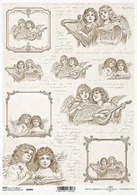 Immagine prodotto di ITD carta di riso per decoupage, angeli vintage, cornici decorative, spartiti musicali R2094