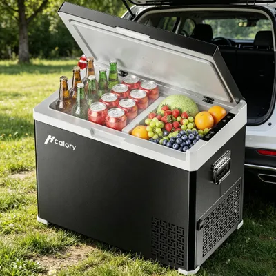 Zdjęcie produktu dla HcaloryD50 Letnia lodówka kompresorowa bez sterowania przez aplikację, 50 l, dwie strefy temperatury (od -20°C do +20°C), 12/24/230 V – z przegrodą – przenośna lodówka kempingowa