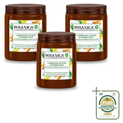 Obrázek produktu pro 3 svíčky Botanica od Air Wick – vůně Vetiver a santalové dřevo – balení