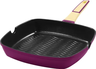 Produktbild von 28x28cm rechteckige Grillpfanne ca. 5.5cm hoch KING® GOURMET AUBERGINE aus Aluguss mit keramisch verstärkter Antihaft-Beschichtung: XYLAN™ PLUS SILVER DIAMOND / Farbe: Aubergine