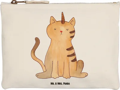 Produktbild von Mr. & Mrs. Panda Pouch Einhorn Katze Größe M - Weiß - Geschenk, Federtasche, Mieze, Unicorn, Waschtasche, Glitzer, Schminktasche, Kosmetiktasche, Regenbogen, Kulturbeutel