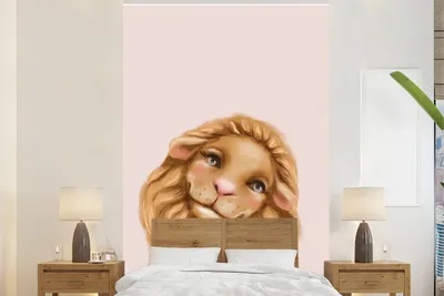Produktbild von MuchoWow® Fototapete für Wohnzimmer oder Schlafzimmer Wandtapete Vinyl Motivtapete Löwe - Kinder - Rosa - 225x350 cm - Schlafzimmer tapete