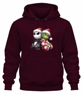 Productafbeelding van Grinch, Jack Skellington, Kerstmis, Sinterklaasmuts, grappig cadeau, uni hoodie, capuchontrui, bordeauxrood, maat L