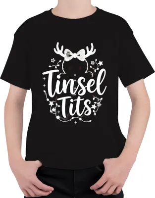 Produktbild von Tinsel Tits lustig Weihnachten Geschenk Rentier Geweih Glitzer Uni Kinder T-Shirt, Schwarz, 140