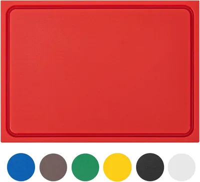 Produktbild von Robustes Schneidebrett aus Kunststoff | Rot, 45 x 30 x 2 cm | Spülmaschinenfest, extra dick, messerschonend | In verschiedenen Farben und Größen erhältlich | HACCP-es Schneidebrett für rohes Fleisch | Schneidebrett mit Saftrille