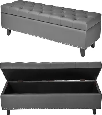 Image de SucceBuy Banc Ottomane (415 x 1305 x 440 mm) en cuirPolyuréthaneavec pieds en bois & espace de rangement, banc à chaussures élégant avec une capacité de charge de 300 kg, banc polyvalent pour le salon, la chambre à coucher et la salle à manger en gris