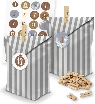 Produktbild von itenga SET Adventskalender 24 x Tüten Streifen + Klammern + Zahlensticker (Z15)