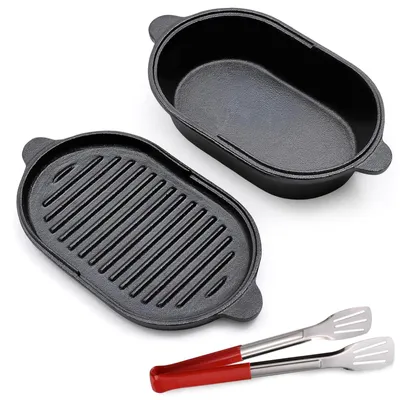 Produktbild von 2-in-1-Gusseisenpfanne, oval, 23 cm – Kochtopf mit Deckel und Backform für Brot