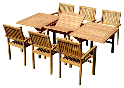Produktbild von ALEOS. Teak Set: Gartengarnitur Ausziehtisch 150-210 cm x 90 cm + 6 Miami Sessel stapelbar 7-tlg. Essgruppe aus Teakholz