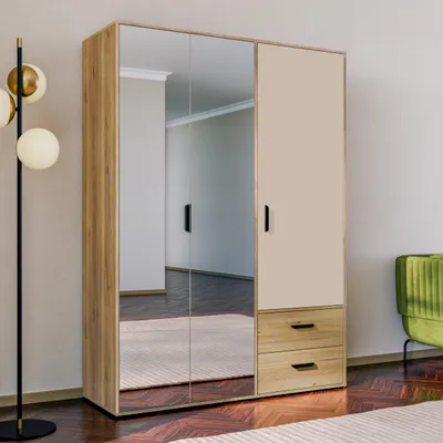 Produktbild von Forte MOKKARO Kleiderschrank 140 150, moderner Drehtürenschrank, 3-türig, 2 Schubladen, Spiegel, Mauvella Eiche Holzdekor|Kaschmir Beige, 144,4 cm breit x 200,1 cm hoch x 52,7 cm tief