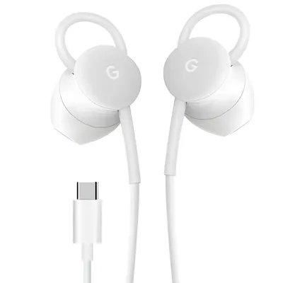 A pair of white Google USB-C headphones with a USB-C connector.