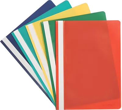 A fan of colorful plastic folders arranged in a fanned out pattern on a white background.