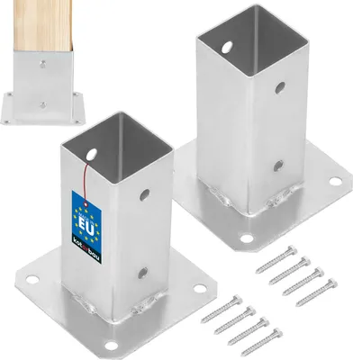 Two metal post anchors with a wooden post in one of them, along with screws, on a white background.