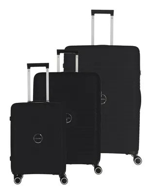 Three black suitcases of varying sizes are arranged diagonally on a white background.