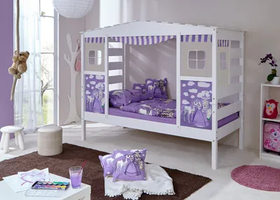 Produktbild von Hausbett Hochbett Spielbett Massivholz Kiefer Weiss teilbar