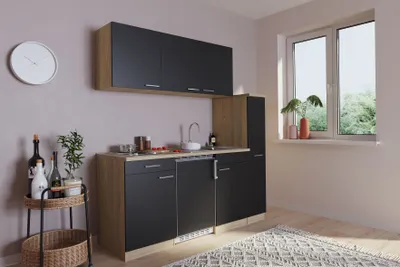 Produktbild von Küche Miniküche Singleküche Küchenzeile Eiche Schwarz Luis 180 cm Respekta