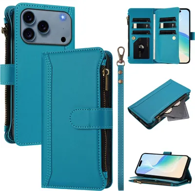 Image de Étui pour iPhone 17 Pro, étui portefeuille zippé en cuirPolyuréthaneavec pochettes pour cartes, support et dragonne Bleu lac