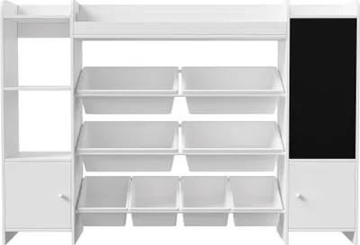 Image de Bibliothèque pour enfants - Étagère à livres et jouets - Compartiments ouverts - Boîtes de rangement - Tableau - 137 × 30 × 94,5 cm - Blanc