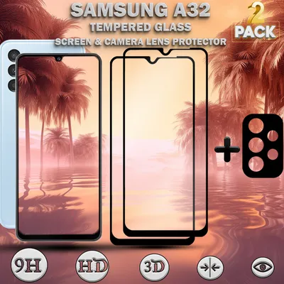 Obrázek produktu pro 2 balení ochranného krytu displeje Samsung Galaxy A32 a 1 balení ochranného krytu objektivu z tvrzeného skla 9H