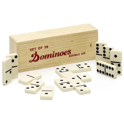 A set of dominoes and their wooden storage box are displayed on a white background.