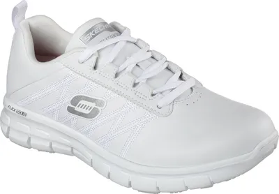 A white Skechers women's sneaker is shown from a side-angle on a white background.