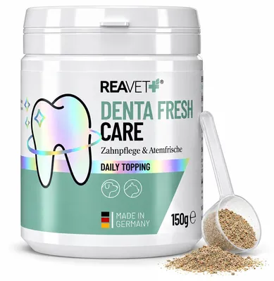 Produktbild von REAVET Denta Vital Zahnpflege Pulver für Hund & Katze 150g - Natürlicher Zahnsteinentferner, Effektive Zahnreinigung ohne Zahnbürste, Mittel gegen Zahnstein und Maulgeruch beim Hund