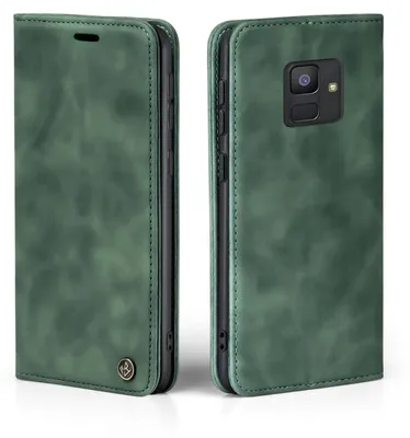 A green flip case for a Samsung Galaxy A6 2018 phone, shown from the front and back.