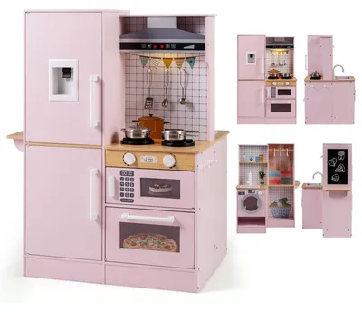 Produktbild von COSTWAY Kinderküche, Holz Spielküche mit Licht, Sound,Kleiderbügel, Dunstabzugshaube, Mikrowelle&Kochgeschirr, Spielzeugküche, für Kinder 2+Rosa