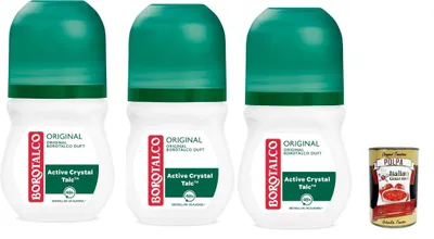 Produktbild von Original Deo Roll-On mit Talkum mit aktiven Kristallen, dreifacher Trockenschutz, ohne Alkohol, Duft von Talco – 3 à 50 ml + Italian Gourmet polpa 400g