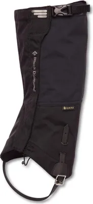 Schwarze Gamaschen von Black Diamond; Modell Alpine; aus wasserdichtem Material mit Schnalle und verstellbarem Riemen.