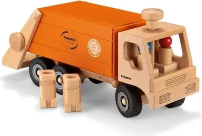 Obrázok produktu pre Drevená hračka Fagus – smetiarske auto, oranžová, 43 cm, s figúrkami