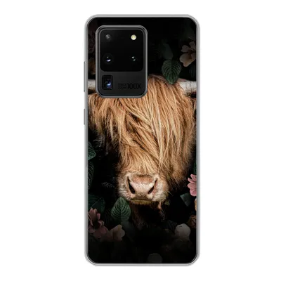 Produktbild von MuchoWow® Handyhülle Schutzhülle Hülle für Samsung Galaxy S20 Ultra Schottischer Highlander - Kuh - Blätter Silikon Softcase Handy Hülle - Karteninhaber