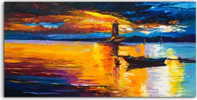 Produktbild von Coloray Acrylbild 140x70  Wandbild Acrylbilder Meer Sonnenuntergang Boote Leuchtturm