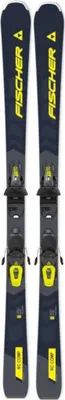 A pair of skis with bindings, presented against a white background.