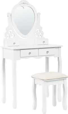 Produktbild von BELIANI Schminktisch Weiß MDF-Platte mit Holzbeinen Herz-Spiegel 4 Schubladen Hocker Glamour für Erwachsene Schlafzimmer Garderobe Jugendzimmer